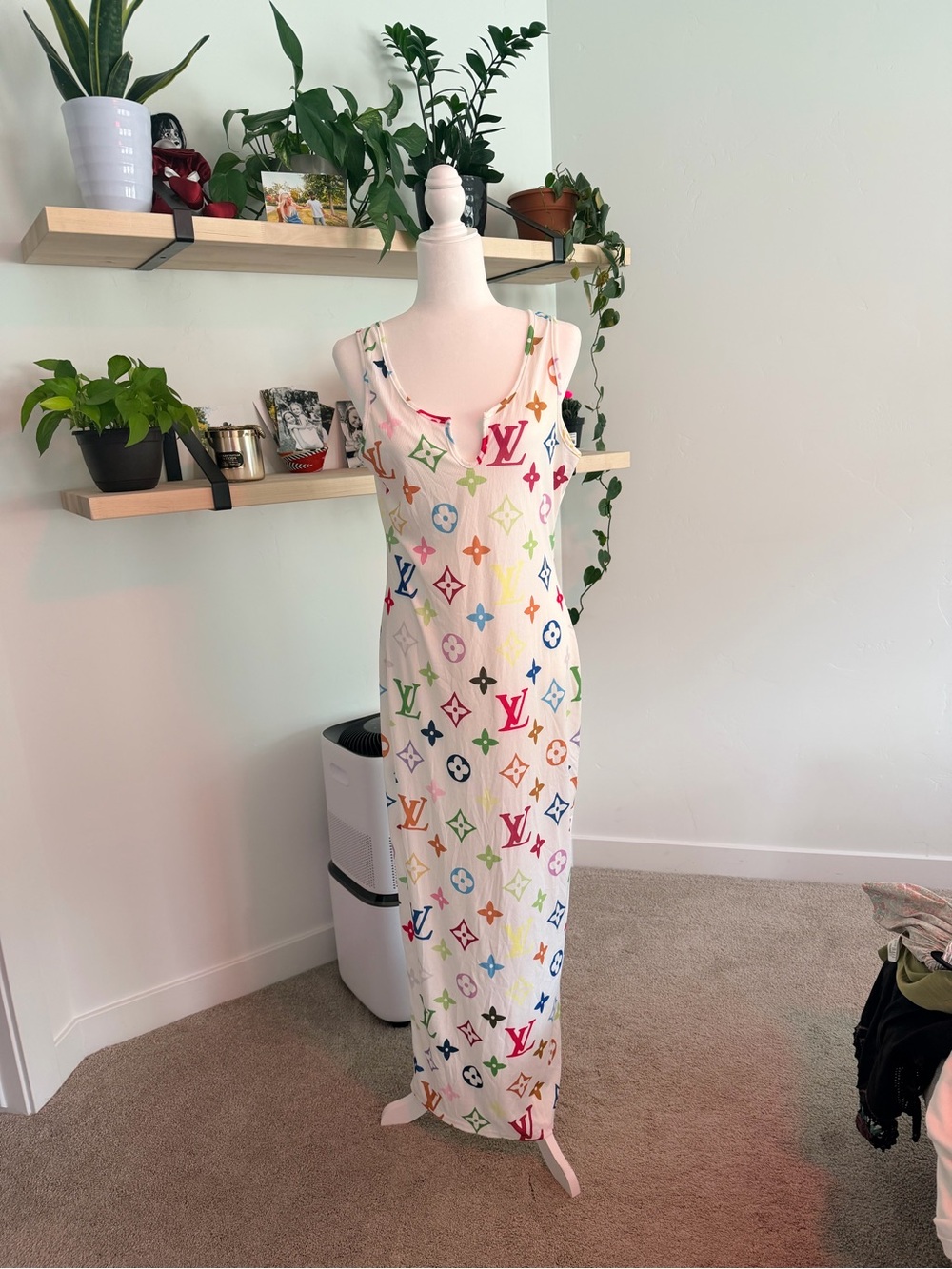 Fashion White Multicolor Logo Slip Dress